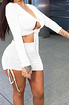 White Euramerican Women Autumn Long Sleeve Shirred Detail Tied Hip Sexy Pure Color Skirts Sets Q938-1