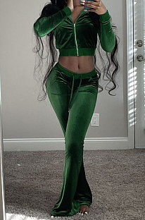 Dark Green Wholesale New Korea Velvet Long Sleeve Zipper Front Coat Flare Pants Casual Sets FH171-10
