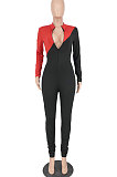 White Modest Color Matching Long Sleeve Stand Neck Zipper Bodycon Jumpsuits HY5241-3