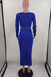 Orange Cotton Blend Long Sleeve Notched Neck Crop Top Split Skirts Solid Color Two-Piece HH8984-1