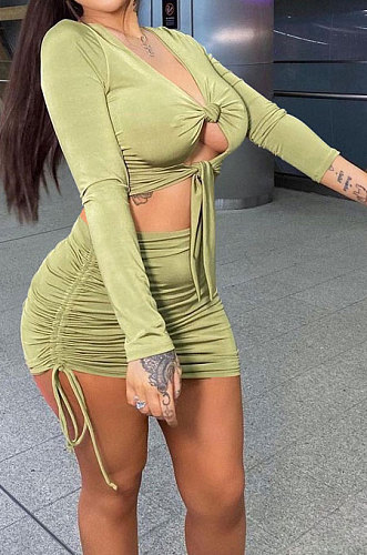 Light Green Euramerican Women Autumn Long Sleeve Shirred Detail Tied Hip Sexy Pure Color Skirts Sets Q938-4