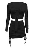 Light Green Euramerican Women Autumn Long Sleeve Shirred Detail Tied Hip Sexy Pure Color Skirts Sets Q938-4