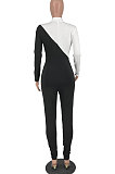 White Modest Color Matching Long Sleeve Stand Neck Zipper Bodycon Jumpsuits HY5241-3