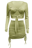 White Euramerican Women Autumn Long Sleeve Shirred Detail Tied Hip Sexy Pure Color Skirts Sets Q938-1