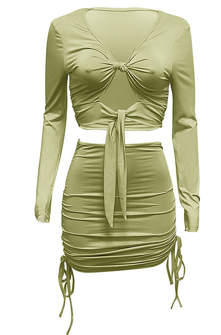White Euramerican Women Autumn Long Sleeve Shirred Detail Tied Hip Sexy Pure Color Skirts Sets Q938-1