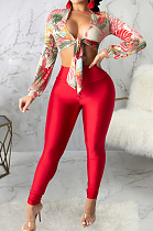 Red Wholesal New Digital Print Long Sleeve Bandage Crop Top Bodycon Pants Two-Piece SMR10283-2