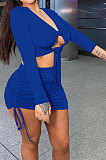 Black Euramerican Women Autumn Long Sleeve Shirred Detail Tied Hip Sexy Pure Color Skirts Sets Q938-3