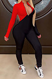 White Modest Color Matching Long Sleeve Stand Neck Zipper Bodycon Jumpsuits HY5241-3