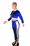 Blue Casual Pleuche Long Sleeve Zipper Tops Pencil Pants Sport Sets BS1284-1