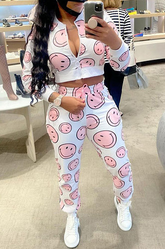 White Women Smiling Face Printing Fashion Zipper Long Sleeve Casual Pants Sets HM5502