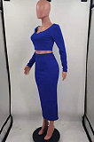 Blue Cotton Blend Long Sleeve Notched Neck Crop Top Split Skirts Solid Color Two-Piece HH8984-2