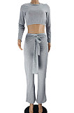 Pink Women Cotton Blend Solid Color Long Sleeve Round Collar Bandage Casual Sport Pants Sets JZH8082-2
