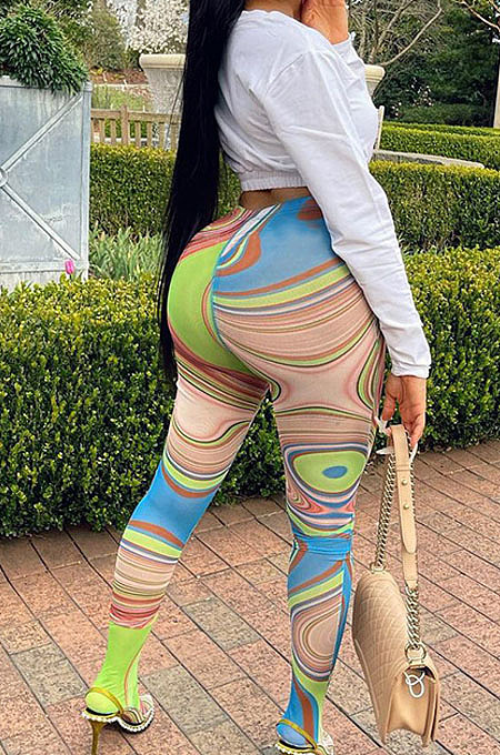 Rose Red Mesh Print See-Through Tight Regular Leggings SX00342-6