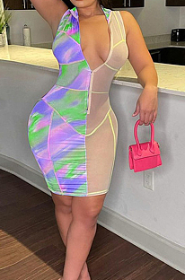 Neon Green Digital Print Mesh Sleeveless O Neck Zip Back Collcet Waist Hip Dress SZS8042-2