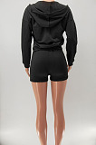 Black Women Hooded Long Sleeve Solid Color Cardigan Zipper Fleece Shorts Sets KDN2218-1
