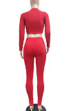 Red Autumn Winter Sexy Pure Color Casual Round Collar Chain Ribber Long Sleeve Pants Sets JP1051-2