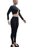 Black Autumn Winter Sexy Pure Color Casual Round Collar Chain Ribber Long Sleeve Pants Sets JP1051-1
