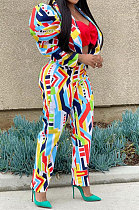 Rainbow Women Puff Sleeve Long leeve Printing Irregular Pants Sets JZH8075
