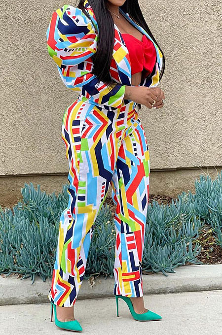 Rainbow Women Puff Sleeve Long leeve Printing Irregular Pants Sets JZH8075