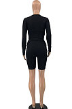 Black Euramerican Women Ribber Sexy Deep V Collar Pure Color Bandage Shorts Sets JR3650-1
