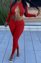 Red Autumn Winter Sexy Pure Color Casual Round Collar Chain Ribber Long Sleeve Pants Sets JP1051-2