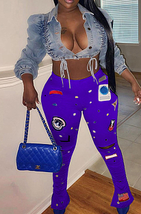 Blue Modest Digital Print Hollow Out  Ruffle Elasticband Flare Pants SZS8043-5