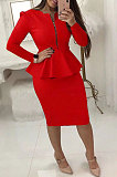 Yellow New Simple Long Sleeve Zip Front Top Hip Skits Solid Color OL Sets LSN785-2