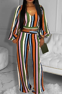 Orange Autumn Winter Women New Stripe Lantern Sleeve Loose Pants Sets HM5508