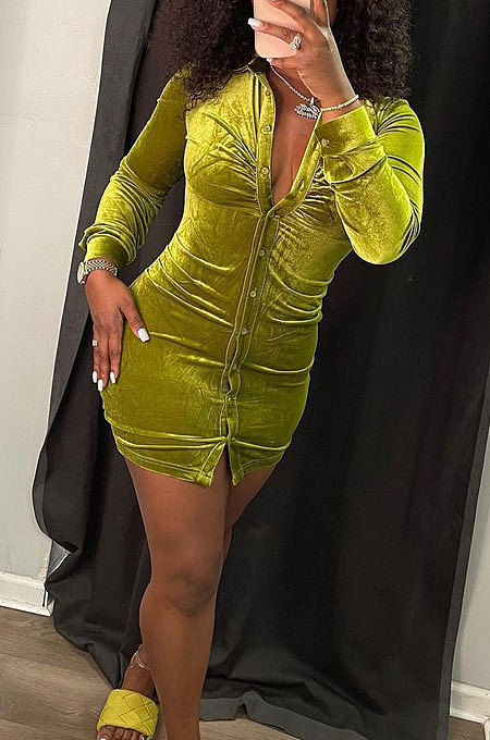 Green Autumn New Long Sleeve Single-Breasted Ruffle Slim Fitting Shirt Dress KSN88010-3