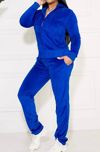 Rose Red Solid Color Long Sleeve Coat Korea Velvet Fashion Casual Sport Straight Leg Pants Sets HM5507-1