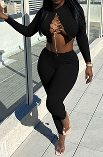 Black Autumn Winter Sexy Pure Color Casual Round Collar Chain Ribber Long Sleeve Pants Sets JP1051-1