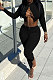 Black Autumn Winter Sexy Pure Color Casual Round Collar Chain Ribber Long Sleeve Pants Sets JP1051-1