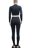 Black Autumn Winter Sexy Pure Color Casual Round Collar Chain Ribber Long Sleeve Pants Sets JP1051-1