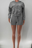 Gray Women Hooded Long Sleeve Solid Color Cardigan Zipper Fleece Shorts Sets KDN2218-3