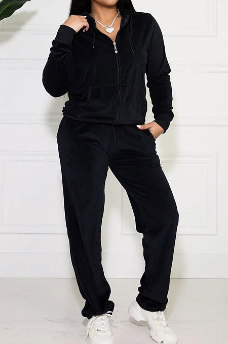 Navy Blue Solid Color Long Sleeve Coat Korea Velvet Fashion Casual Sport Straight Leg Pants Sets HM5507-4
