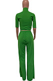 Green Women Autumn Half Sleeve Coat Pure Color Loose Pants Sets HM5504