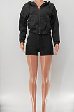 Light Blue Women Hooded Long Sleeve Solid Color Cardigan Zipper Fleece Shorts Sets KDN2218-5