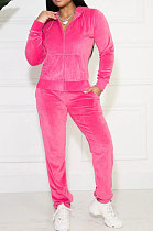 Rose Red Solid Color Long Sleeve Coat Korea Velvet Fashion Casual Sport Straight Leg Pants Sets HM5507-1