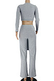 Dark Green Women Cotton Blend Solid Color Long Sleeve Round Collar Bandage Casual Sport Pants Sets JZH8082-3