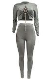 Red Autumn Winter Sexy Pure Color Casual Round Collar Chain Ribber Long Sleeve Pants Sets JP1051-2