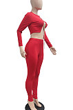 Black Autumn Winter Sexy Pure Color Casual Round Collar Chain Ribber Long Sleeve Pants Sets JP1051-1