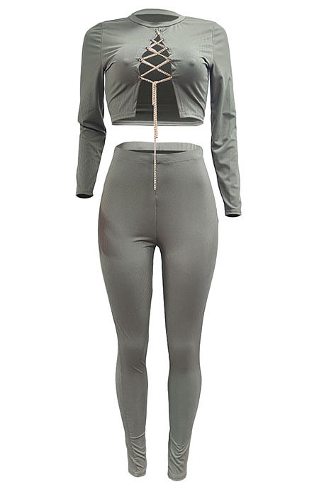 Olive Green Autumn Winter Sexy Pure Color Casual Round Collar Chain Ribber Long Sleeve Pants Sets JP1051-3