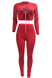 Black Autumn Winter Sexy Pure Color Casual Round Collar Chain Ribber Long Sleeve Pants Sets JP1051-1