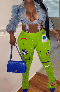 Neon Green Modest Digital Print Hollow Out  Ruffle Elasticband Flare Pants SZS8043-3