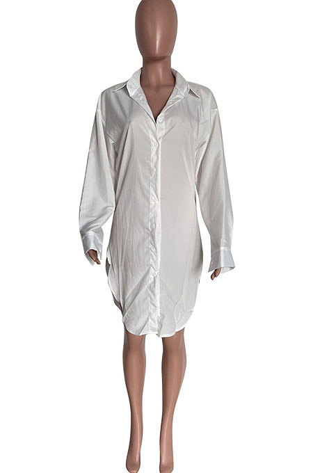 White Euramerican Autumn Solid Color Casual Loose Waist Irregular Cardigan T Shirt/Shirt Dress HM5503