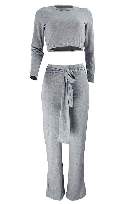 Pink Women Cotton Blend Solid Color Long Sleeve Round Collar Bandage Casual Sport Pants Sets JZH8082-2