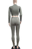 Olive Green Autumn Winter Sexy Pure Color Casual Round Collar Chain Ribber Long Sleeve Pants Sets JP1051-3