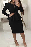 Red New Simple Long Sleeve Zip Front Top Hip Skits Solid Color OL Sets LSN785-1