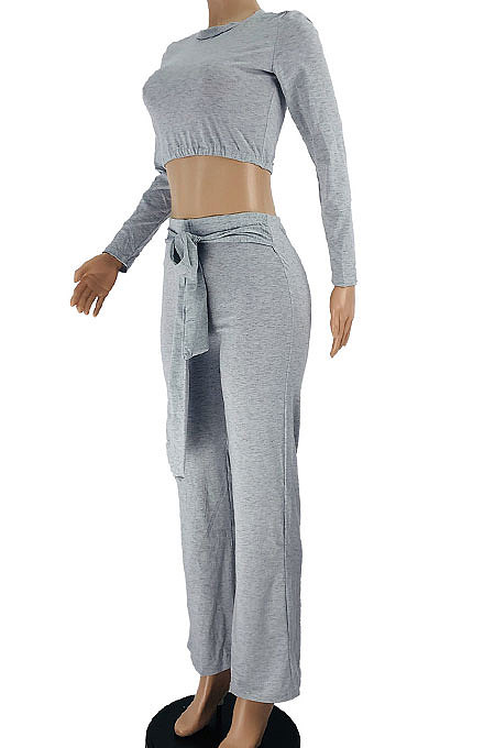 Pink Women Cotton Blend Solid Color Long Sleeve Round Collar Bandage Casual Sport Pants Sets JZH8082-2