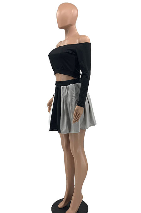 Orange Women A Word Shoulder Pure Color Tops Spliced Skirts Sets JR3651-2